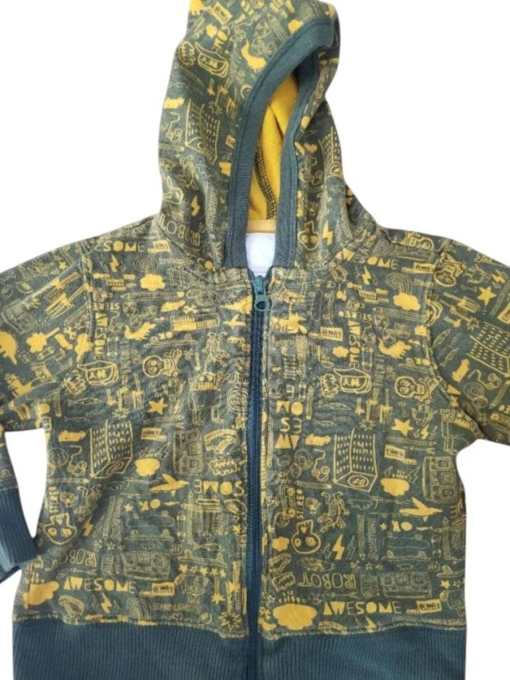 OLD NAVY Green and Yellow Little Boy Print Zip Front Hooded Sweatshirt Boys 3T